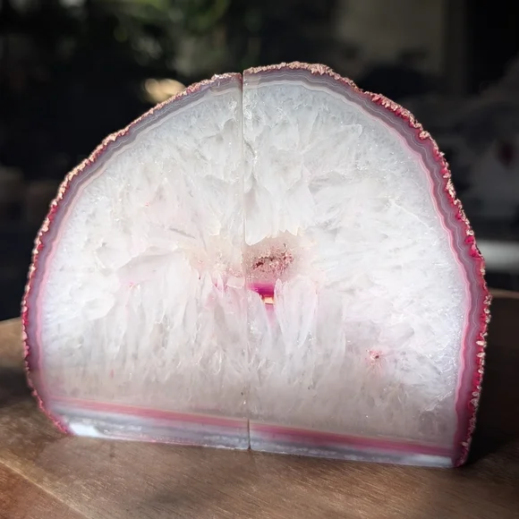 Brazilian Geode Pink White Quartz Agate Polished Bookends Set Dyed Stone Decor - Picture 4 of 11